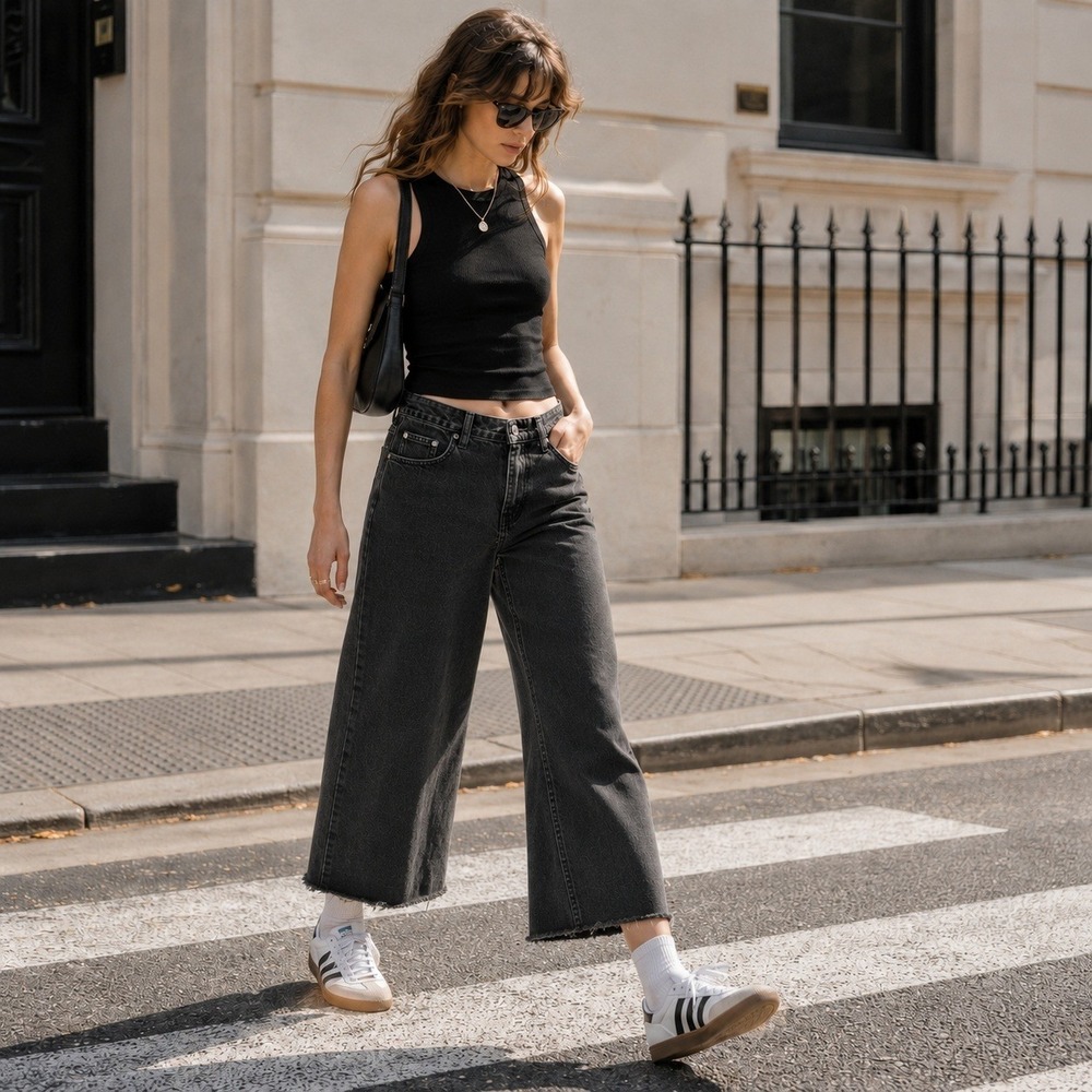 Motel Denim Black Wide Leg Cropped Jeans W26 L32 Raw Hem Distressed